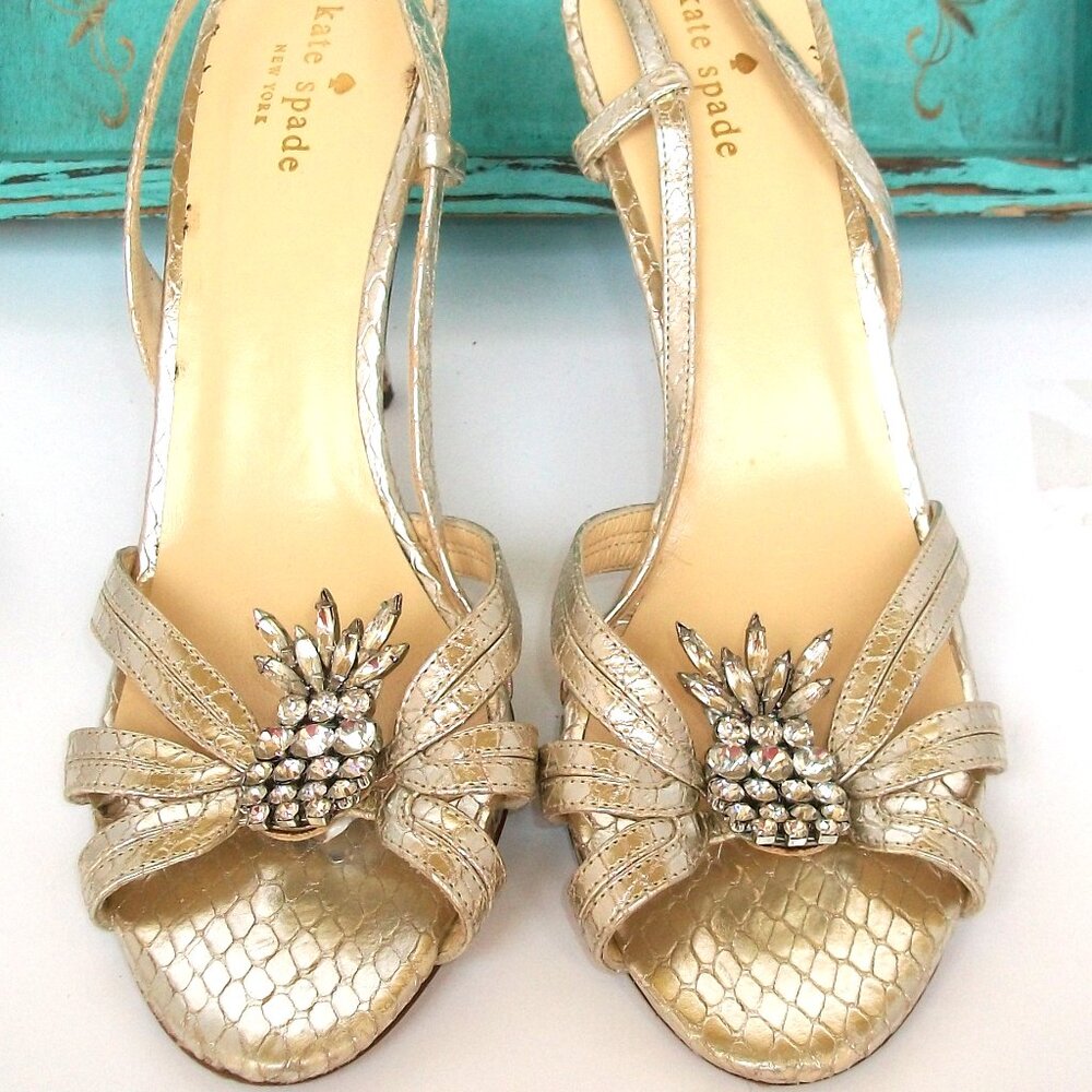 Kate Spade NY Gold Leather High Heel Good Fortune Pineapple Sandals 9.5M